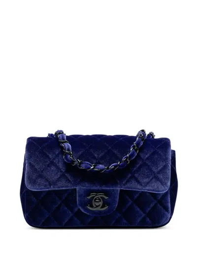 Pre-owned Chanel 2014-2015 Mini Rectangular Classic Velvet Single Flap Crossbody Bag In Blue