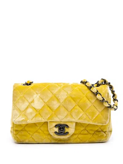 Pre-owned Chanel 2014-2015 Mini Rectangular Classic Velvet Single Flap Crossbody Bag In Yellow
