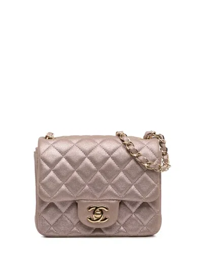 Pre-owned Chanel 2014-2015 Mini Square Classic Iridescent Calfskin Single Flap Crossbody Bag In Pink