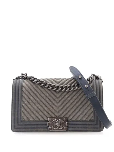 Pre-owned Chanel 2014-2015 Old Medium Chevron Denim Boy Flap Crossbody Bag