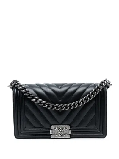 Pre-owned Chanel 2014-2015 Old Medium Chevron Lambskin Boy Flap Crossbody Bag In Black