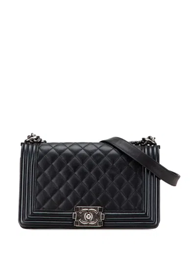 Pre-owned Chanel 2014-2015 Old Medium Quilted Lambskin Boy Flap Crossbody Bag In Black