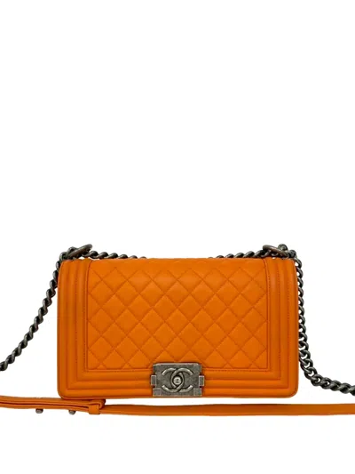 Pre-owned Chanel 2014-2015 Old Medium Quilted Lambskin Boy Flap Crossbody Bag In Orange