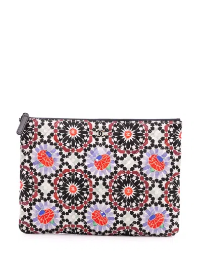 Pre-owned Chanel 2014-2015 Paris Dubai Medium Printed Canvas Cosmetic Case Clutch Bag In White