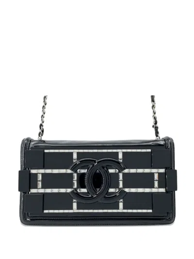 Pre-owned Chanel 2014-2015 Patent And Acrylic Crystal Embellished Boy Brick Horizontal Flap Crossbody Bag In Black