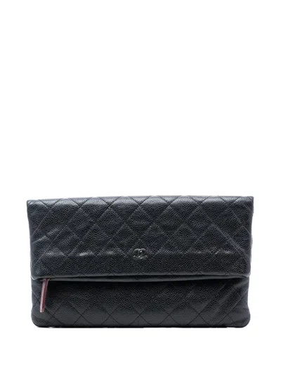 Pre-owned Chanel 2014-2015 Quilted Caviar Cc Beauty Foldover Clutch Bag In Black