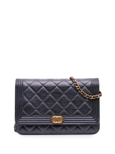 Pre-owned Chanel 2014-2015 Quilted Lambskin Boy Wallet On Chain Crossbody Bag In Black