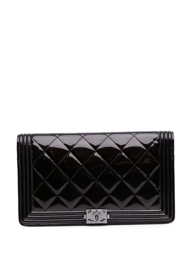 Pre-owned Chanel 2014-2015 Quilted Patent Boy Wallet Long Wallets In Black