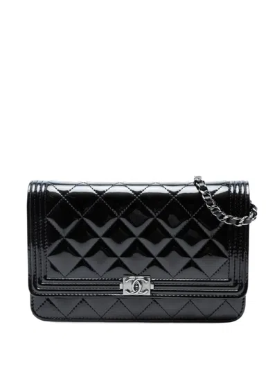 Pre-owned Chanel 2014-2015 Quilted Patent Boy Wallet On Chain Crossbody Bag In Black