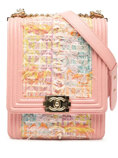 Pre-owned Chanel 2014-2015 Quilted Tweed And Calfskin North South Boy Flap Crossbody Bag In Pink