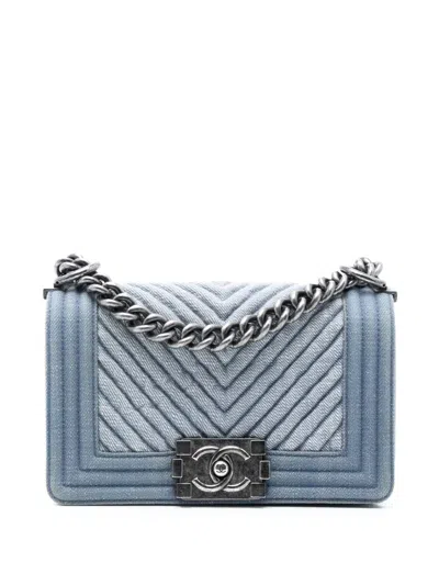 Pre-owned Chanel 2014-2015 Small Chevron Denim Boy Flap Crossbody Bag In Blue