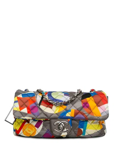 Pre-owned Chanel 2014-2015 Small Printed Nylon Coco Color Flap Shoulder Bag In Grey