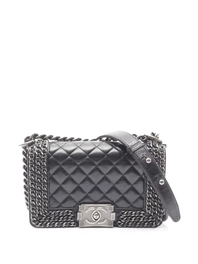 Pre-owned Chanel 2014-2015 Small Quilted Glazed Calfskin Chained Boy Flap Shoulder Bag In Black