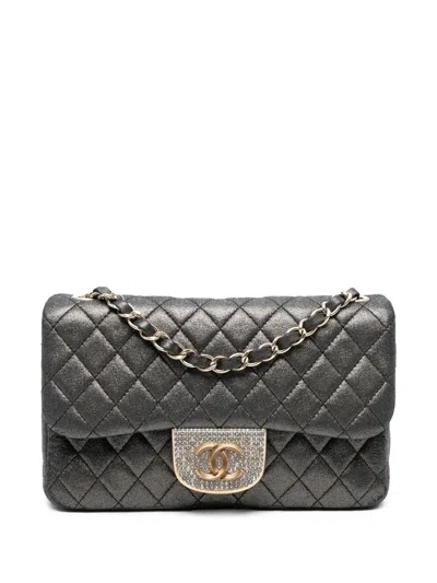Pre-owned Chanel 2014-2015 Small Quilted Iridescent Calfskin Crystal Single Flap Crossbody Bag In Black