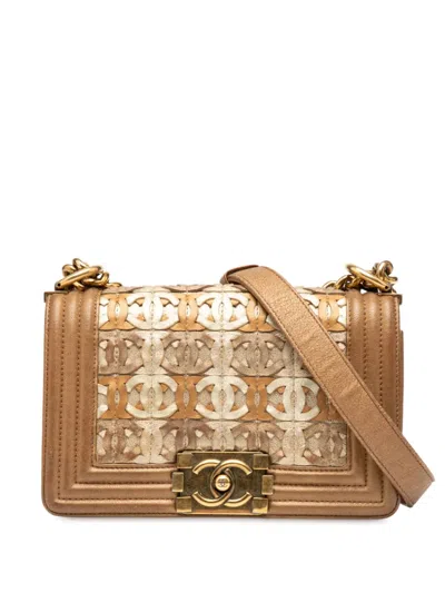 Pre-owned Chanel 2014-2015 Small Quilted Metallic Lambskin Interwoven Cc Boy Flap Crossbody Bag In Brown
