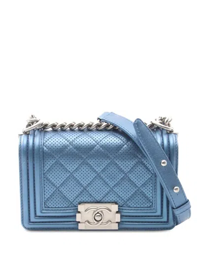 Pre-owned Chanel 2014-2015 Small Quilted Perforated Metallic Lambskin Boy Flap Crossbody Bag In Blue