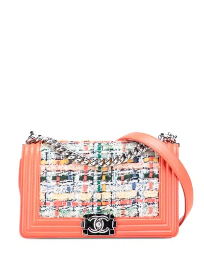 Pre-owned Chanel 2014-2015 Small Tweed And Lambskin Boy Flap Crossbody Bag In Pink