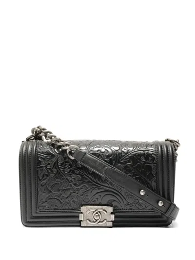 Pre-owned Chanel 2014 Boy  Embossed Shoulder Bag In Black