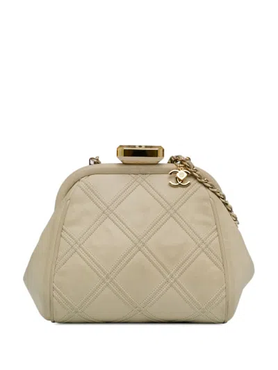 Pre-owned Chanel 2014 Calfskin Kiss Lock Frame Crossbody Bag In White