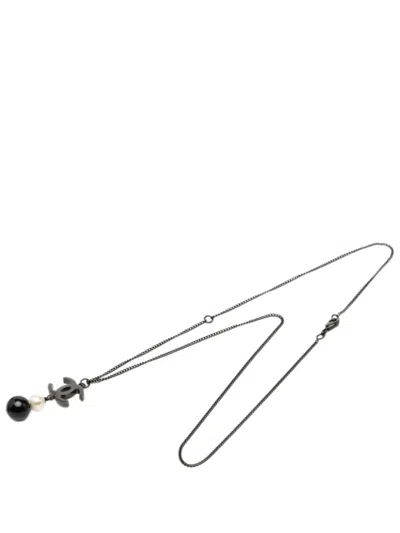 Pre-owned Chanel 2014 Cc Brass Faux Pearl And Bead Drop Pendant Necklace Costume Necklace In Gray