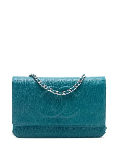 Pre-owned Chanel 2014 Cc Caviar Wallet On Chain Crossbody Bag In Blue