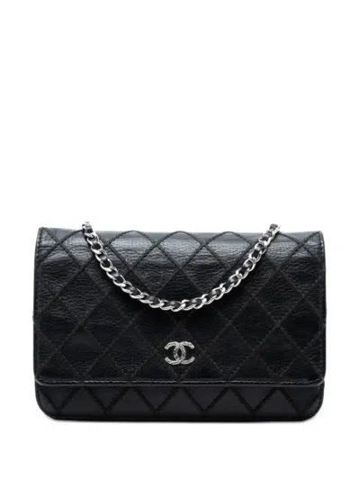 Pre-owned Chanel 2014 Cc Lambskin Wild Stitch Wallet On Chain Crossbody Bag In Black