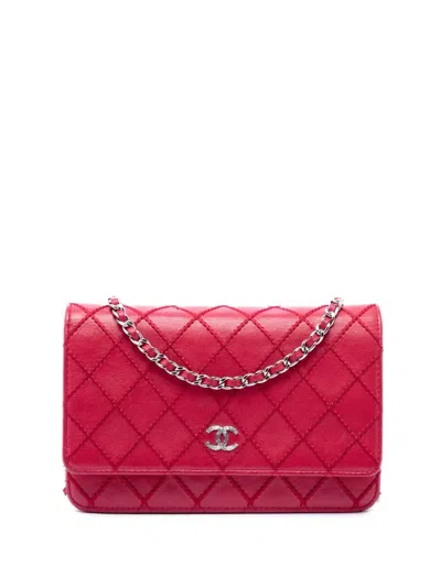 Pre-owned Chanel 2014 Cc Lambskin Wild Stitch Wallet On Chain Crossbody Bag In Red