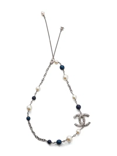 Pre-owned Chanel 2014 Cc Mark Rhinestone Pearls Necklace In Silver