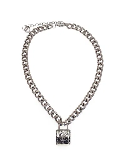 Pre-owned Chanel 2014 Cc Padlock Necklace In Silver