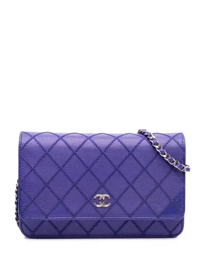 Pre-owned Chanel 2014 Cc Quilted Calfskin Fancy Wallet On Chain Crossbody Bag In Blue
