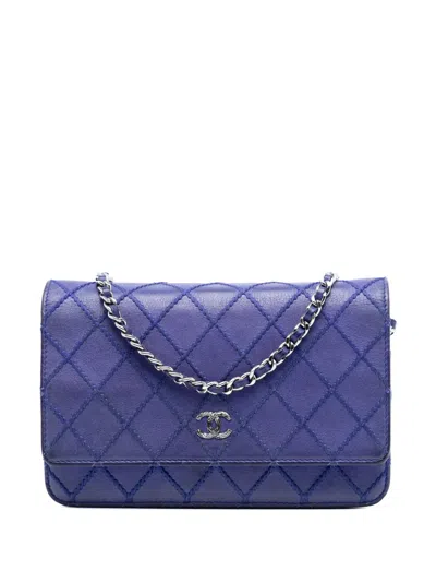 Pre-owned Chanel 2014 Cc Quilted Calfskin Fancy Wallet On Chain Crossbody Bag In Blue