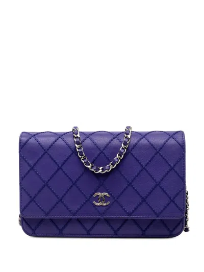 Pre-owned Chanel 2014 Cc Quilted Calfskin Fancy Wallet On Chain Crossbody Bag In Blue