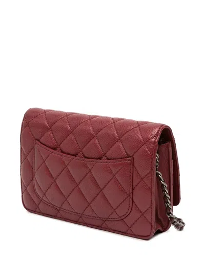 Pre-owned Chanel 2014 Cc Quilted Caviar Wallet On Chain Crossbody Bag In Red