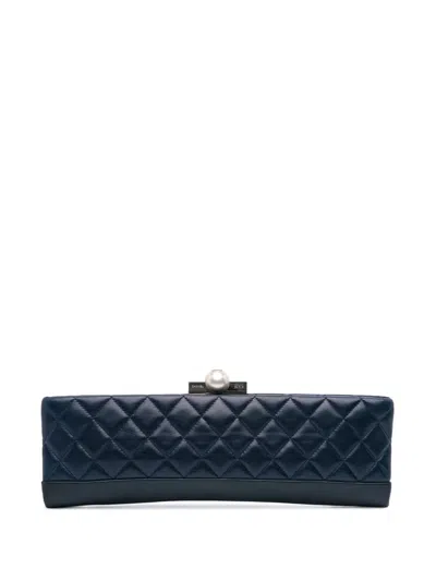 Pre-owned Chanel 2014 Cc Quilted Lambskin Pearl Evening Baguette Clutch Bag In Blue