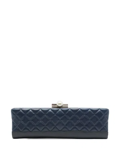 Pre-owned Chanel 2014 Cc Quilted Lambskin Pearl Evening Baguette Clutch Bag In Blue