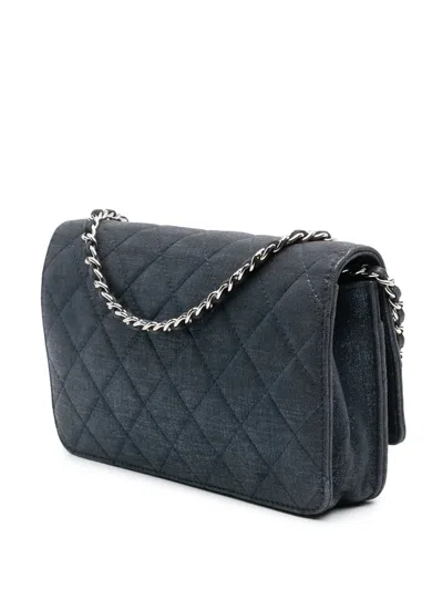 Pre-owned Chanel 2014 Cc Quilted Metallic Fabric Wallet On Chain Crossbody Bag In Blue