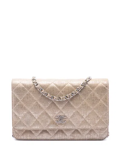 Pre-owned Chanel 2014 Cc Quilted Metallic Fabric Wallet On Chain Crossbody Bag In Gold