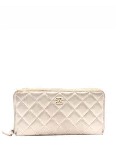 Pre-owned Chanel 2014 Cc Quilted Metallic Lambskin Zip Around Wallet Long Wallets In Gold
