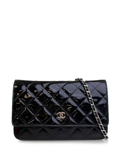 Pre-owned Chanel 2014 Cc Quilted Patent Wallet On Chain Crossbody Bag In Black