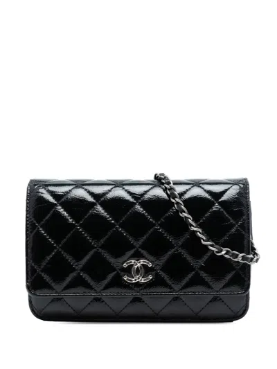 Pre-owned Chanel 2014 Cc Quilted Patent Wallet On Chain Crossbody Bag In Black