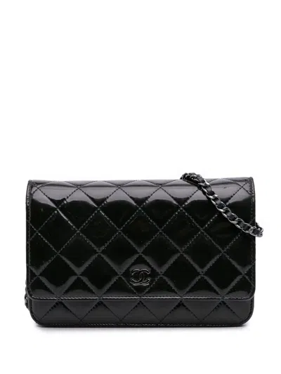 Pre-owned Chanel 2014 Cc Quilted Patent Wallet On Chain Crossbody Bag In Blue