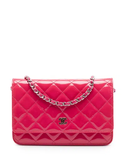 Pre-owned Chanel 2014 Cc Quilted Patent Wallet On Chain Crossbody Bag In Pink
