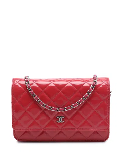 Pre-owned Chanel 2014 Cc Quilted Patent Wallet On Chain Crossbody Bag In Red