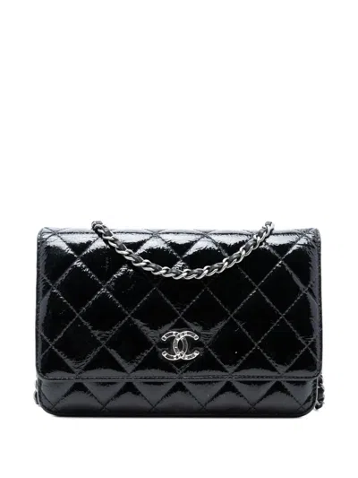 Pre-owned Chanel 2014 Cc Quilted Shiny Aged Calfskin Wallet On Chain Crossbody Bag In Black