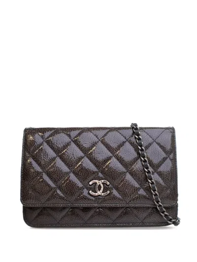 Pre-owned Chanel 2014 Cc Quilted Shiny Crumpled Calfskin Wallet On Chain Crossbody Bag In Brown