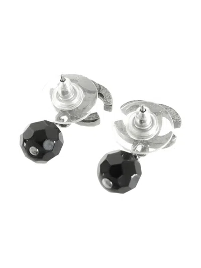 Pre-owned Chanel 2014 Cc Silver Plated Bead Drop Push Back Earrings Costume Earrings In Black
