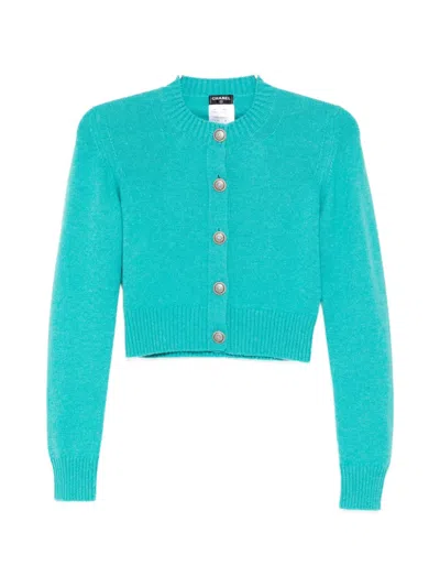 Pre-owned Chanel 2014 Cropped Button-up Cardigan In Blue