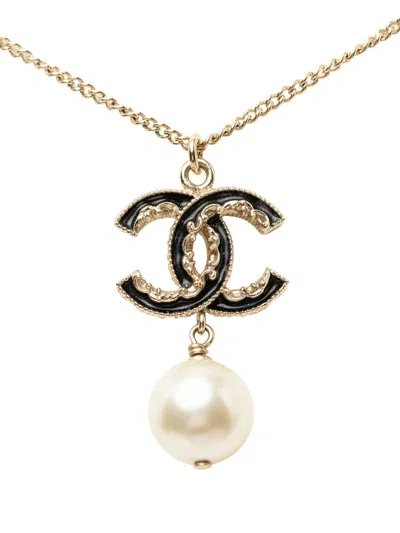Pre-owned Chanel 2014 Gold Plated Cc Faux Pearl Baroque Pendant Necklace Costume Necklace