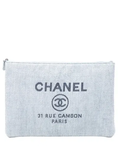 Pre-owned Chanel 2014 Large Canvas Deauville O Case Clutch Bag In Blue
