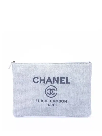 Pre-owned Chanel 2014 Large Canvas Deauville O Case Clutch Bag In Blue